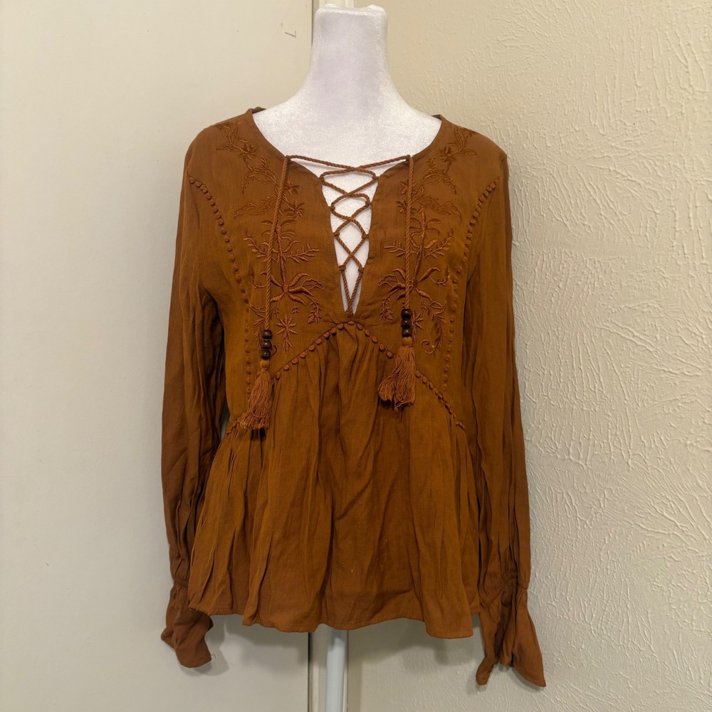 Altar'd State Rust Brown Embroidered Lace Up Boho Blouse Fairycore Rustic Sz S